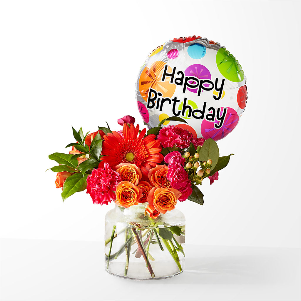 Fiesta Bouquet with Birthday Balloon – BELLE'S FLOWERS, Huntington Beach CA