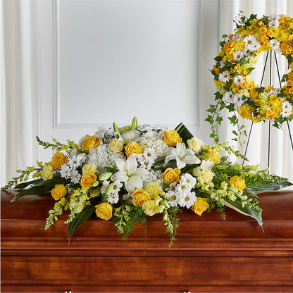 Golden Harmony Casket Spray – BELLE'S FLOWERS, Huntington Beach CA